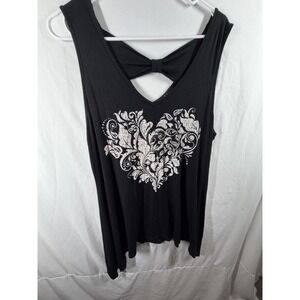B.L.E.U. Black Tank Top Large L Made in USA Filigree Graphic Heart Bow Back Boho